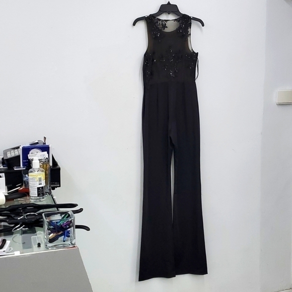 🆕️ NEW LOVE, THEIA Sequin Lace Illusion Back Sleeveless Crepe Jumpsuit 2 - Picture 9 of 10